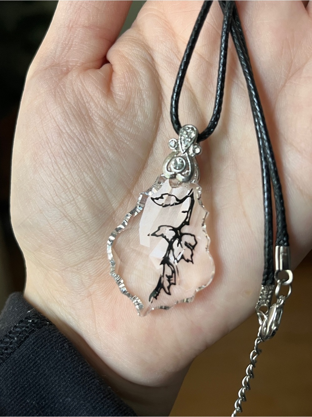 Large crystal pendant necklace on black cord